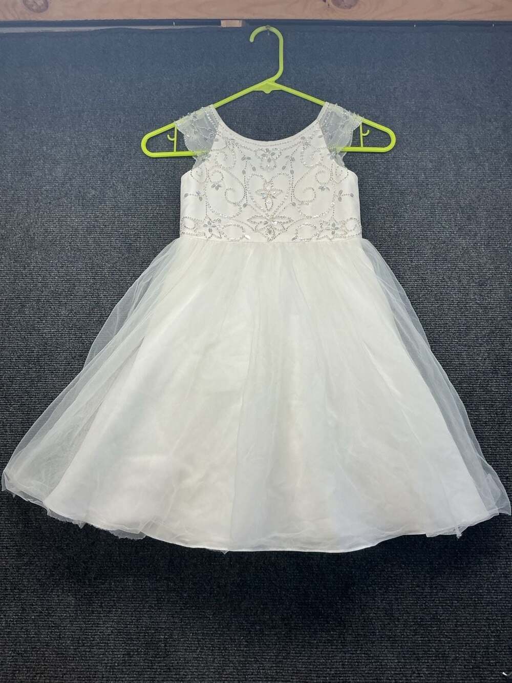 White Beaded Tulle Flower Girl First Communion Dress with Sequin Scroll Details